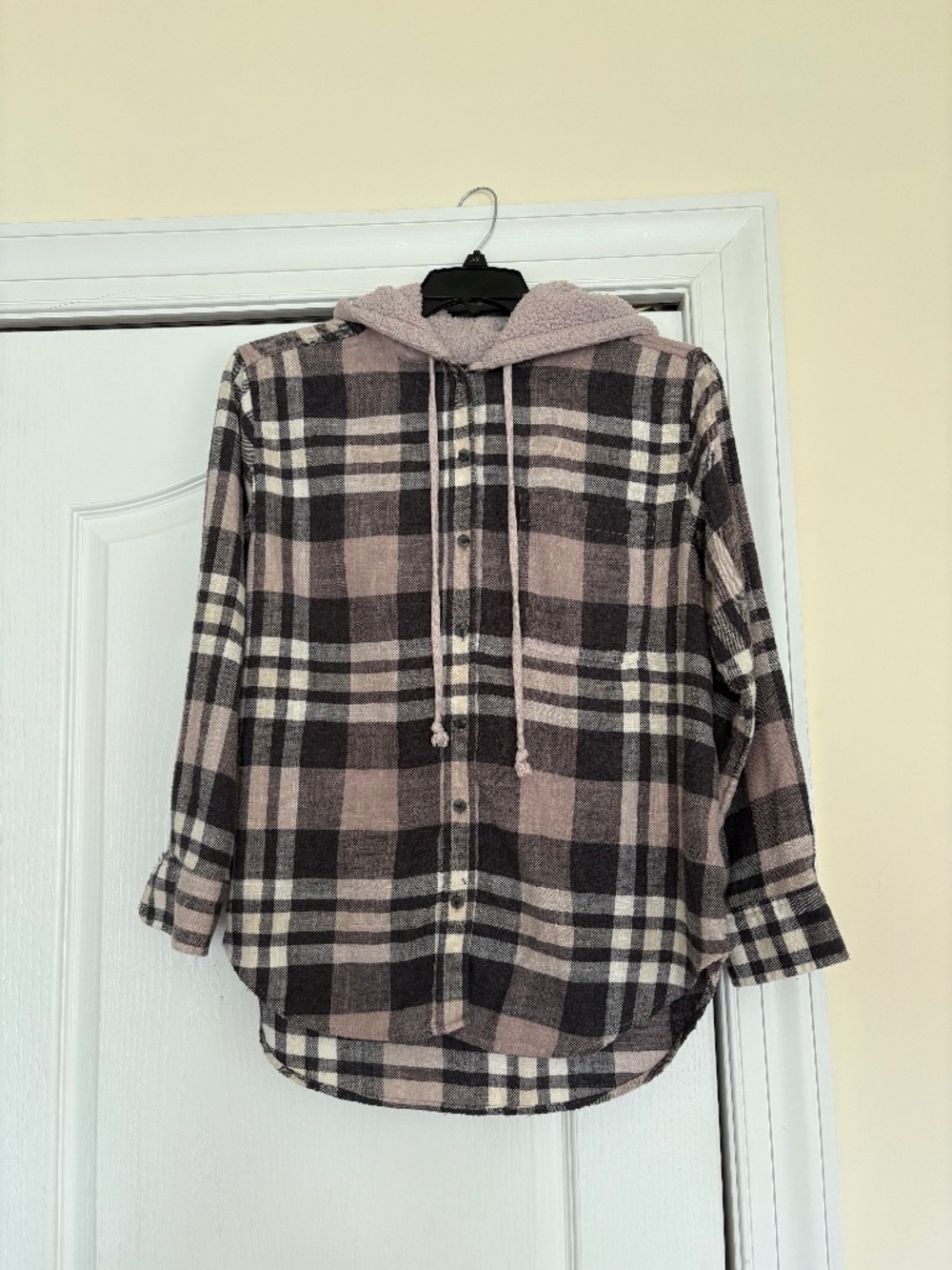 American Eagle Plaid Flannel Hooded Shacket Sherpa Hood Small Mauve
